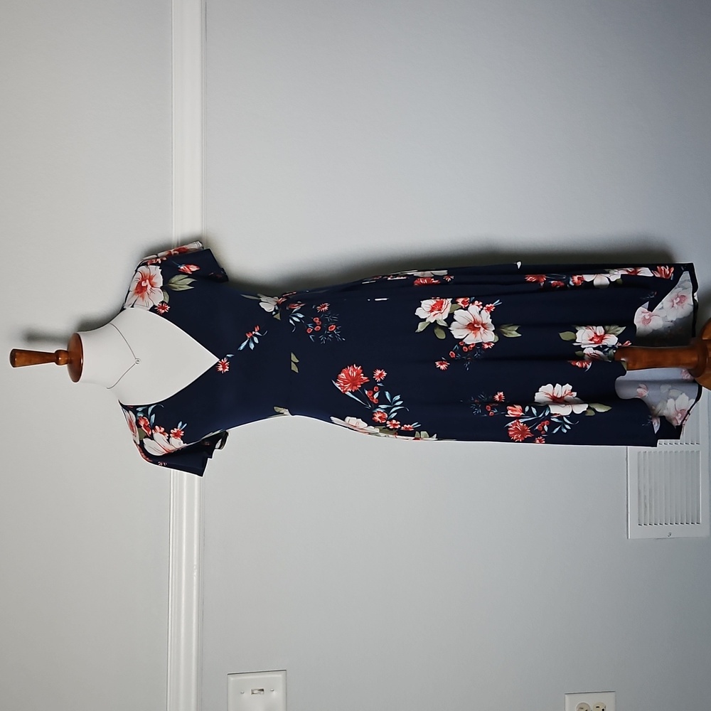 BCX Macy's Faux Wrap Short Sleeve High-Low Floral-Print Dress XXS Blue White